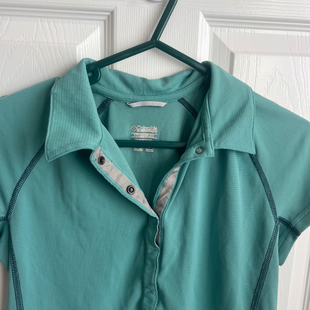 Columbia Titanium Omni-Shade Polo Shirt Womens Medium Teal Green Short Sleeve - Picture 2 of 11
